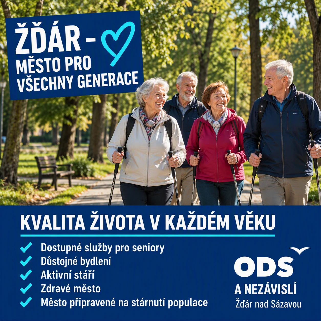 Kampaňová grafika: čtveřice seniorů s treking holemi na procházce podzimním parkem, nadpis „Kvalita života v každém věku“ se seznamem bodů programu