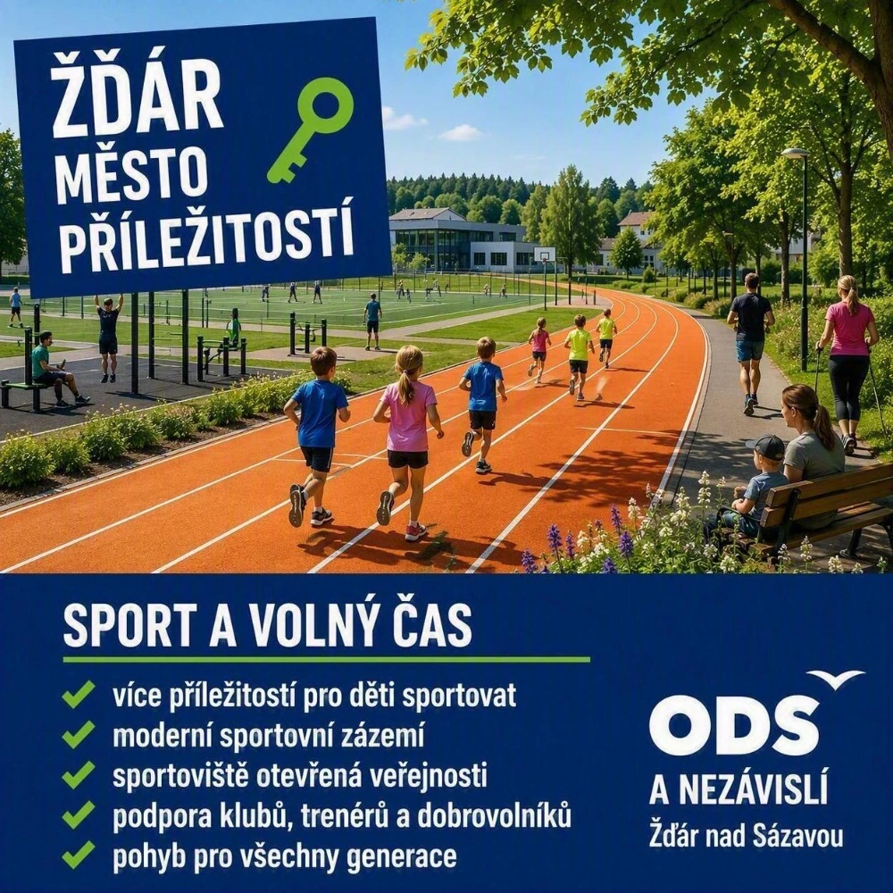 Kampaňová grafika: děti běžící po atletické dráze v parku se sportovišti a rodina na procházce v pozadí, nadpis „Sport a volný čas“ se seznamem bodů programu