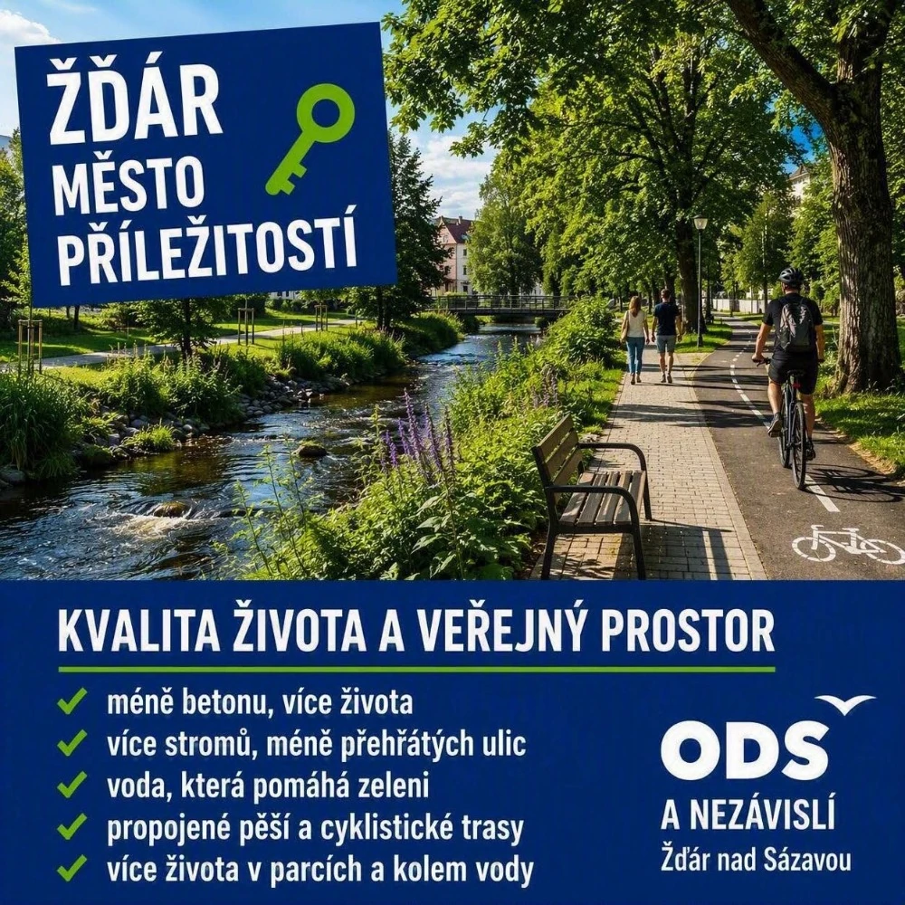 Kampaňová grafika: procházející se dvojice a cyklista podél zurčícího potoka s lavičkou a vzrostlými stromy, nadpis „Kvalita života a veřejný prostor“ se seznamem bodů programu